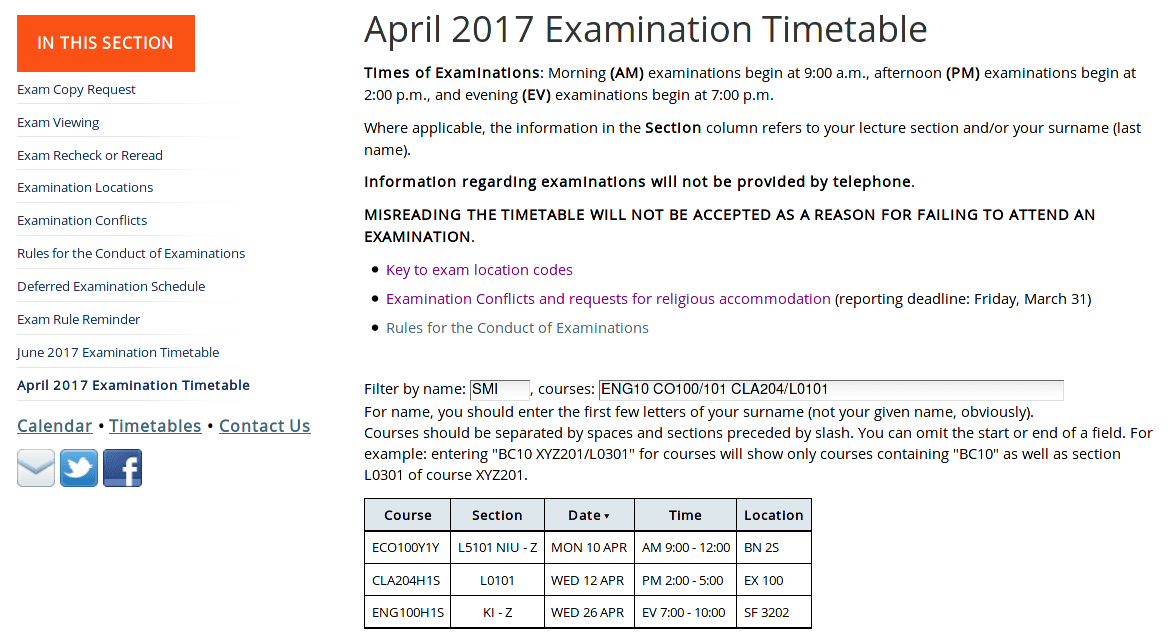 exam timetable screenshot